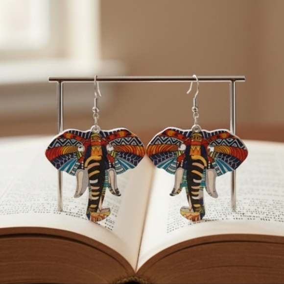 Elephant earrings, wooden elephant earrings, dangle earrings. 2.5 Inches - Picture 2 of 10